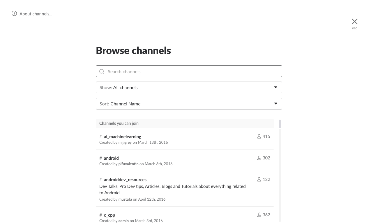 The Channels list