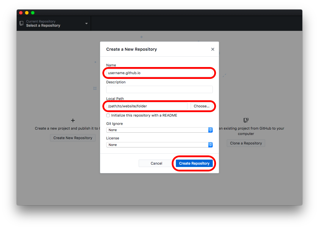 Enter your repository name (`whateveryourusernameis.github.io`) and choose where to save the repository folder on your computer. Leave all the other options as they are, then click "Create Repository"